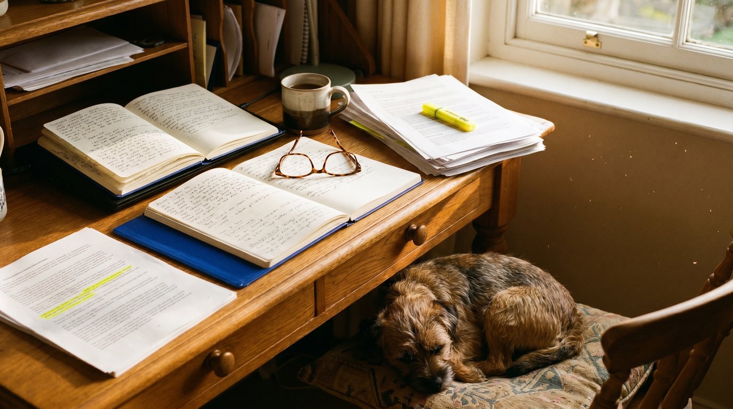 The Homefront Daily editor desk with research notes and a sleeping terrier