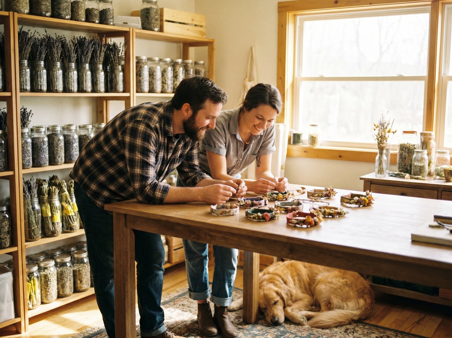 The small team behind Wildroot examining collars at their workshop bench