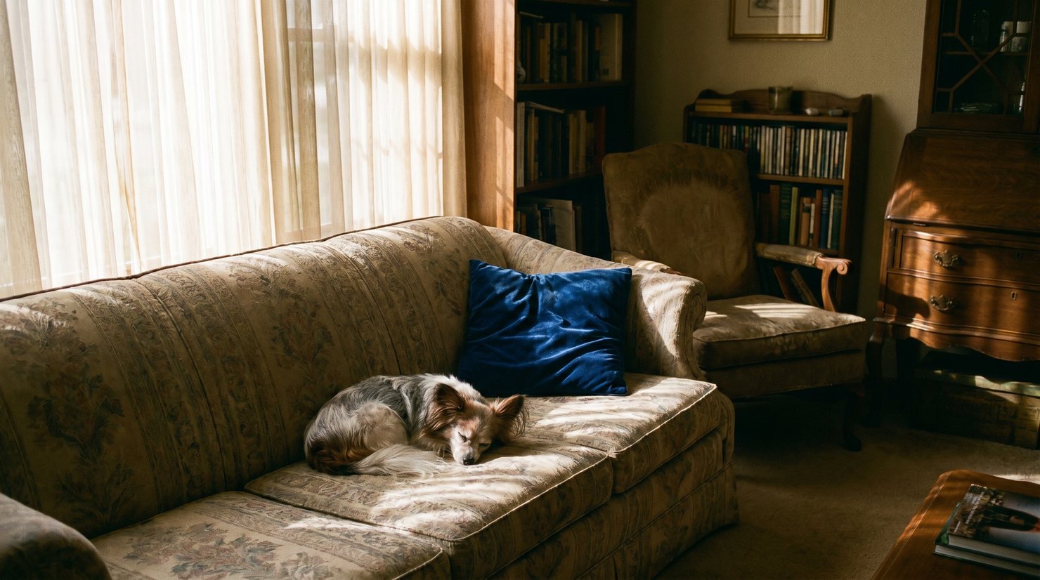 A senior Papillon asleep alone on a family couch in afternoon light