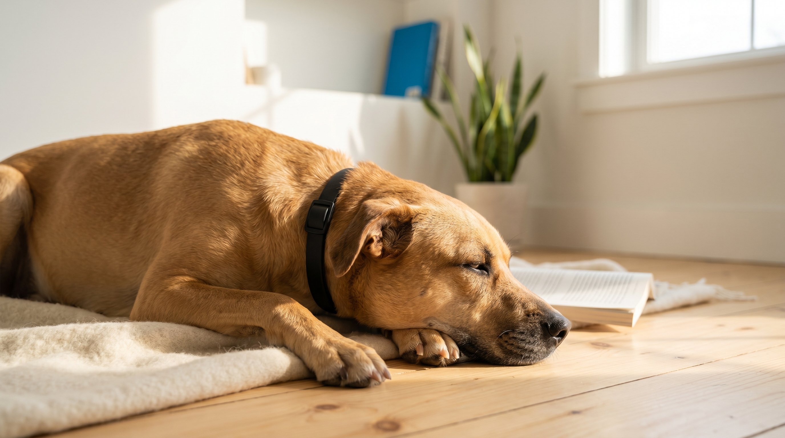 A wheat-brown mixed breed dog rests on a cream wool throw in a sunlit modern living room, wearing the matte black Wildroot flea collar.