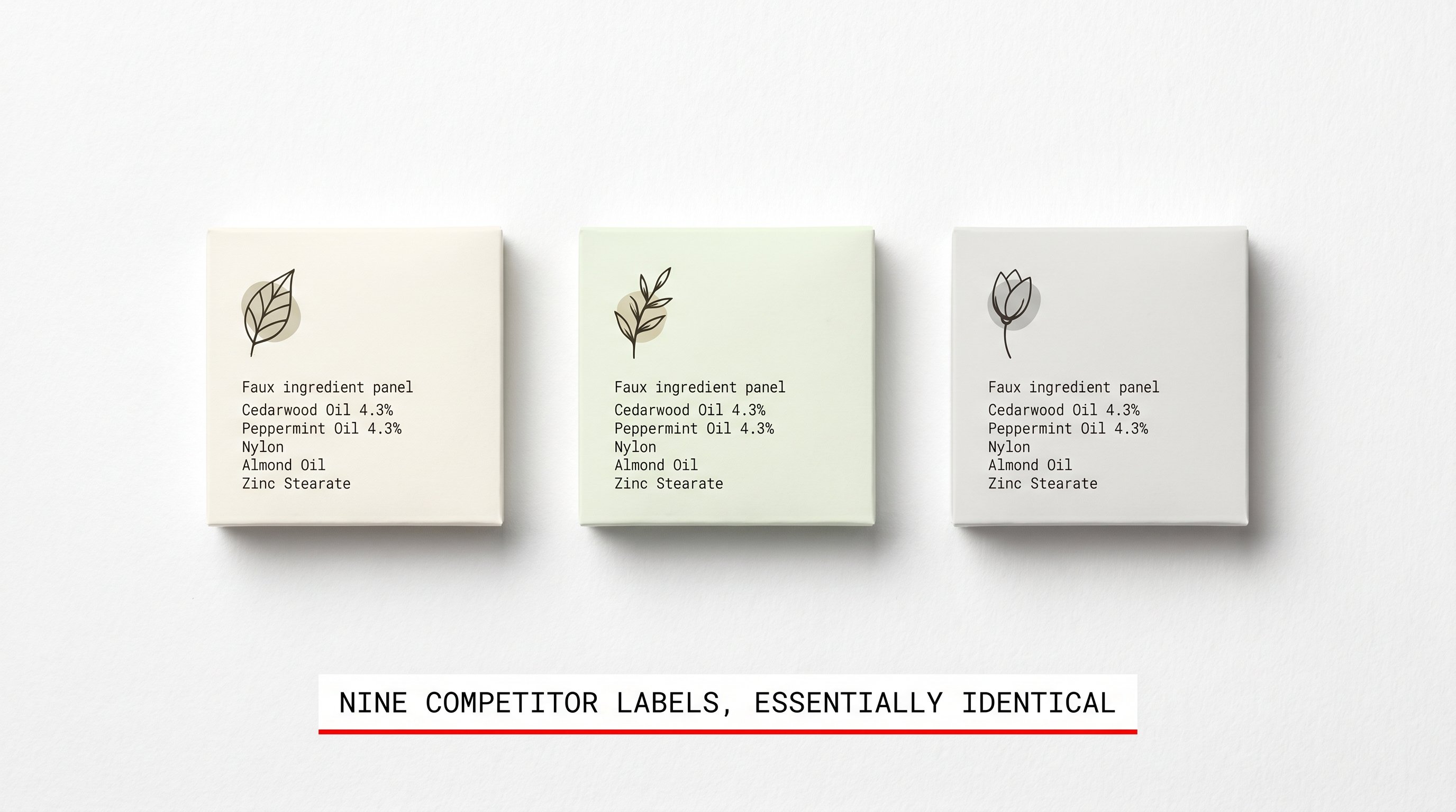 Three generic unbranded natural flea collar product cards arranged side by side, each showing an identical ingredient list of cedarwood oil, peppermint oil, nylon, almond oil, and zinc stearate.