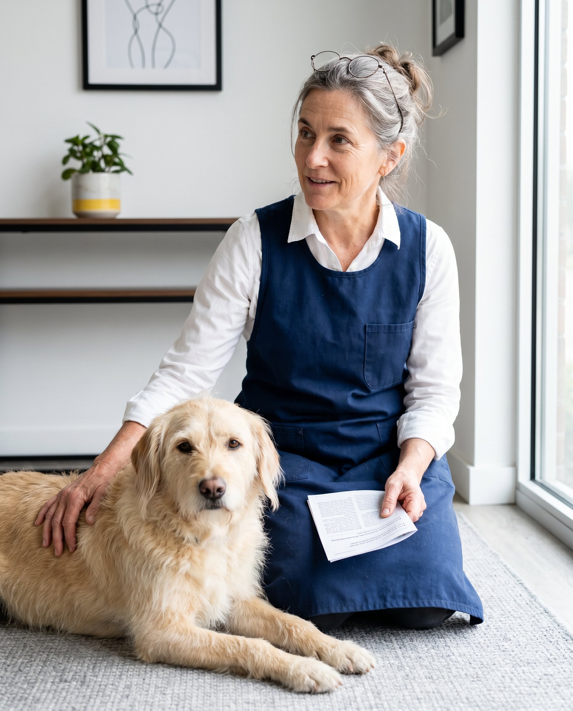 Dr. Karen Lindholm, a holistic veterinarian in her late fifties, wearing a navy clinical apron over a white shirt, kneeling beside a calm golden mixed-breed dog in a modern minimalist clinic.