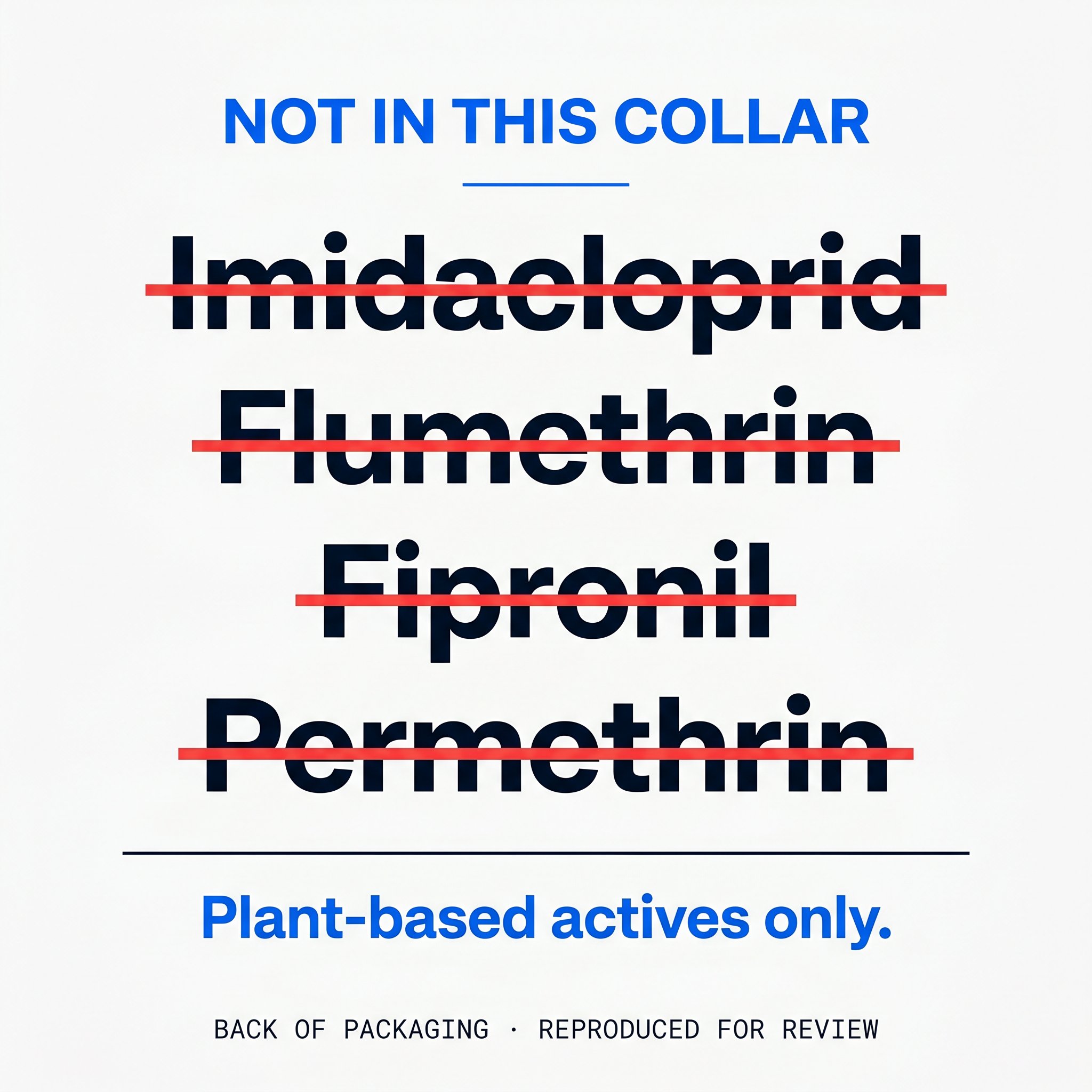 An editorial typographic graphic with the heading NOT IN THIS COLLAR in vibrant blue, four chemical names listed vertically with vibrant red strike-through lines, and the closing line Plant-based actives only.