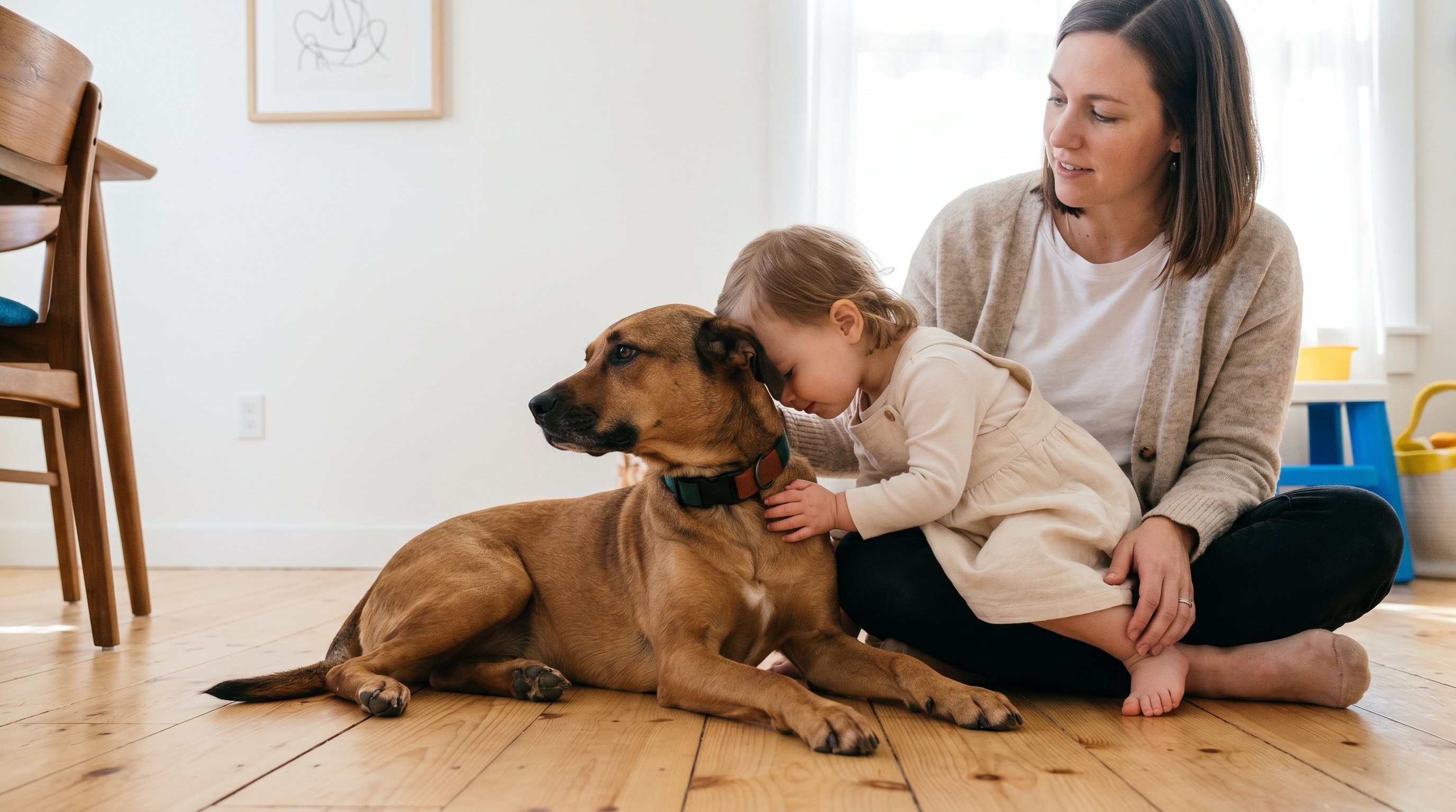 A young mother sits cross-legged on a pine kitchen floor beside a calm brown mixed-breed dog wearing the Wildroot collar. Her toddler has her face gently buried in the dog's neck fur.