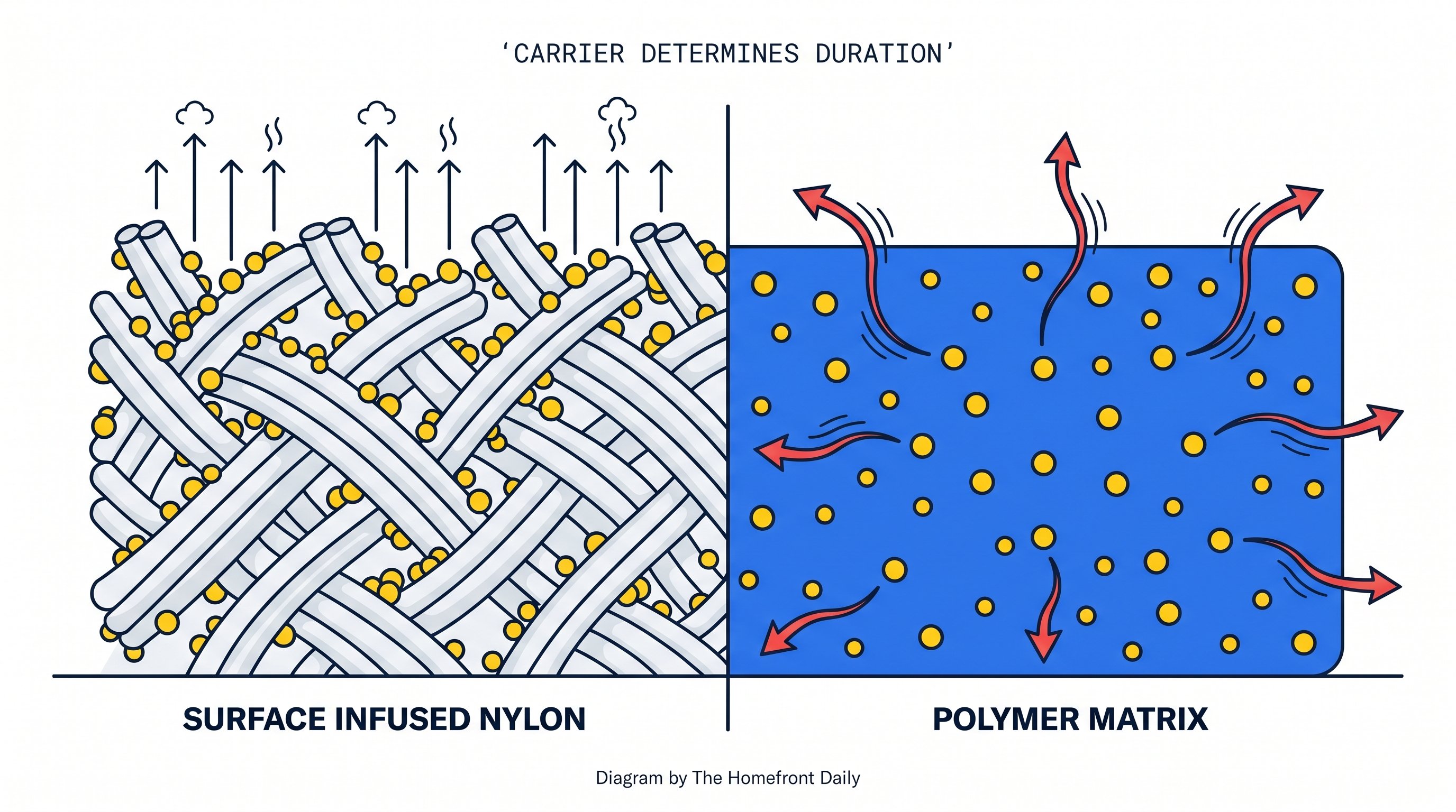A two-panel cross-section diagram. Left panel shows nylon webbing fibers with yellow oil droplets clinging to the surface and arrows showing rapid evaporation. Right panel shows a uniform blue polymer matrix with yellow oil droplets distributed throughout and red arrows showing slow controlled diffusion outward.