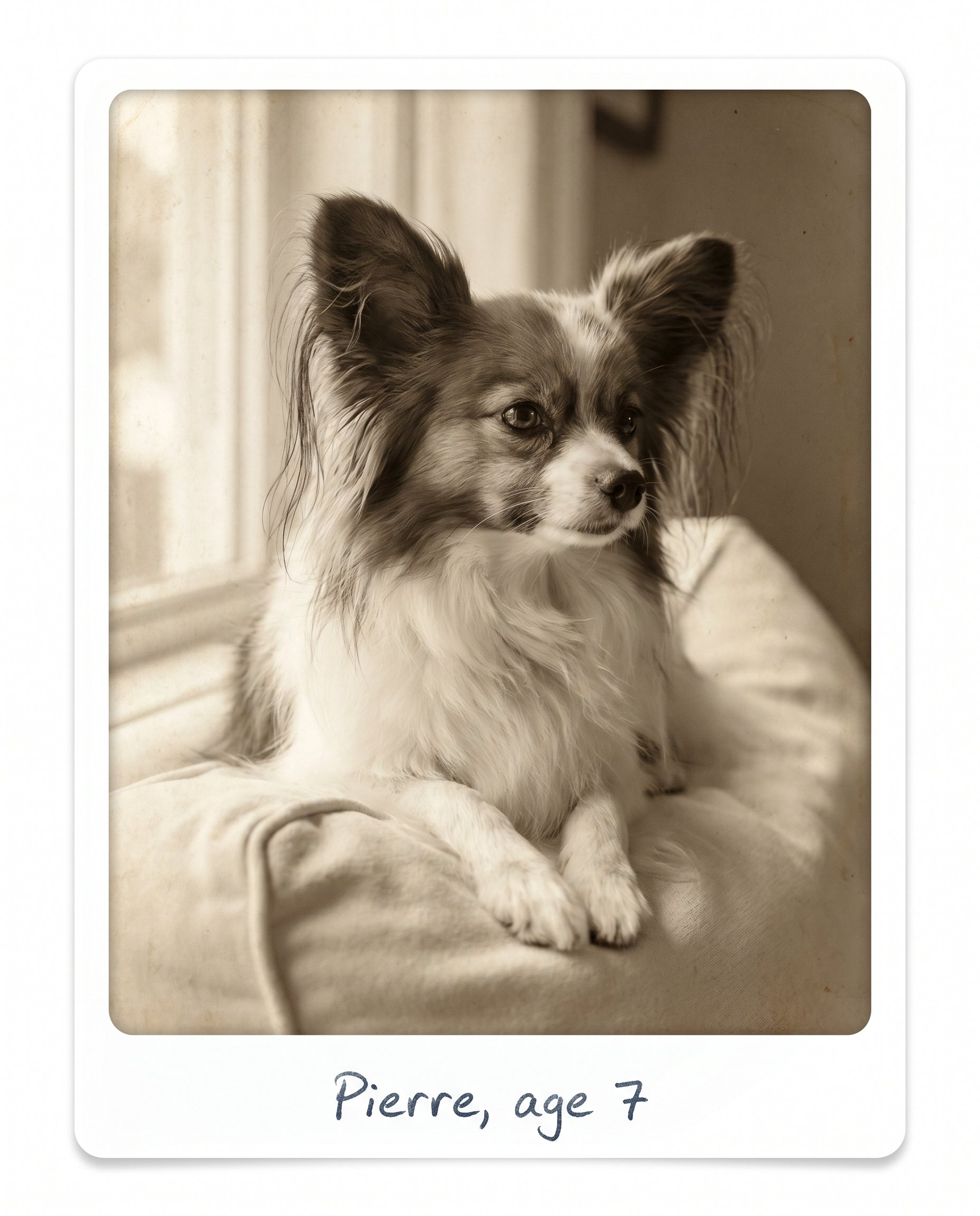 A vintage sepia-toned snapshot of a sable and white Papillon dog seated on a cream cushion, framed in a thin white photographic border. A handwritten caption below reads Pierre, age 7.