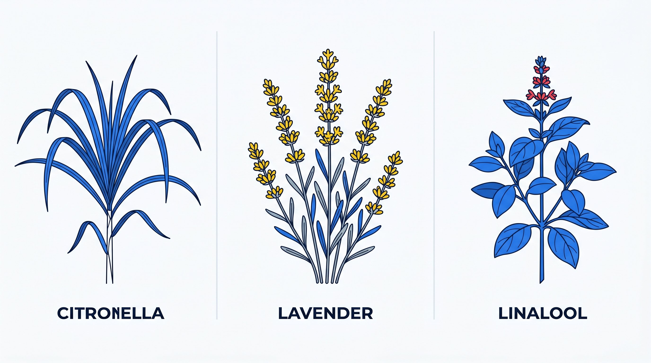 A three-column botanical illustration showing citronella grass, lavender, and the linalool source plant in editorial vector style with blue line work, yellow florets, and a small red accent.
