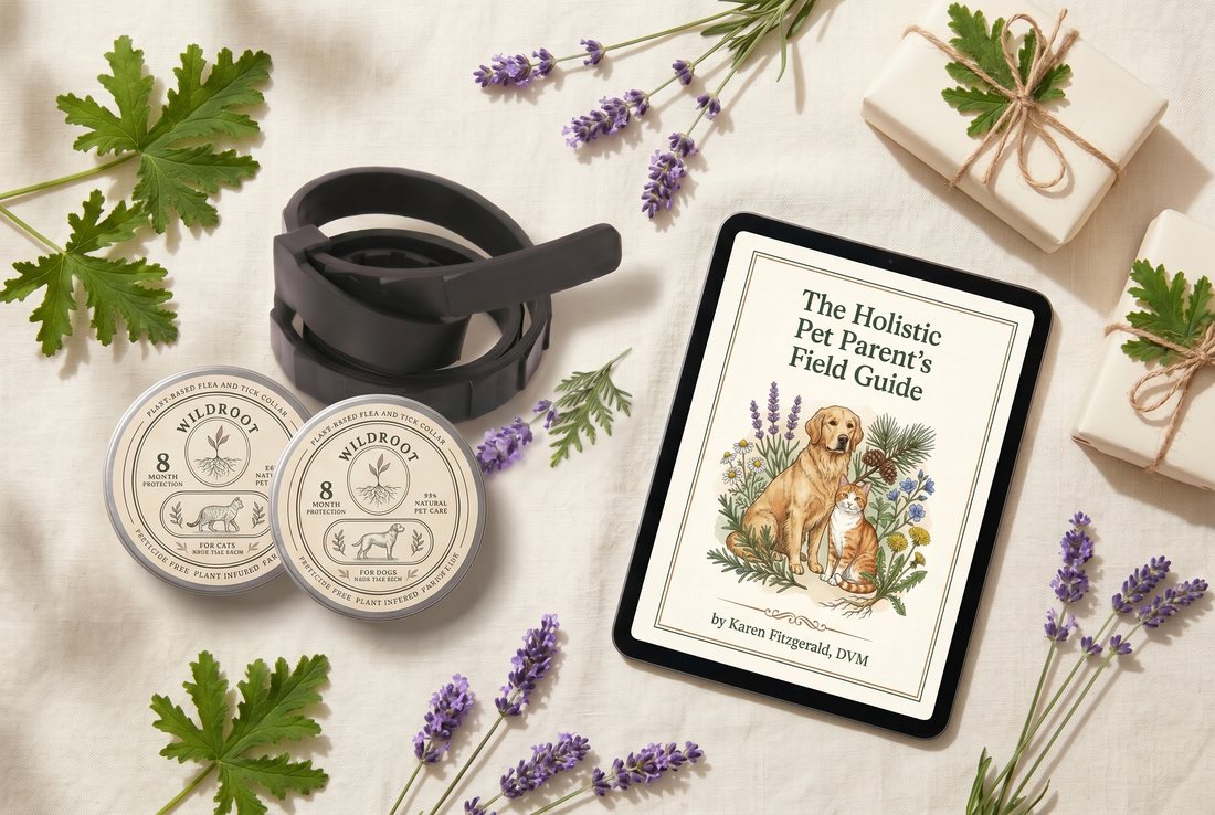 Wildroot collar with tins, the free eBook on a tablet and two wrapped gifts