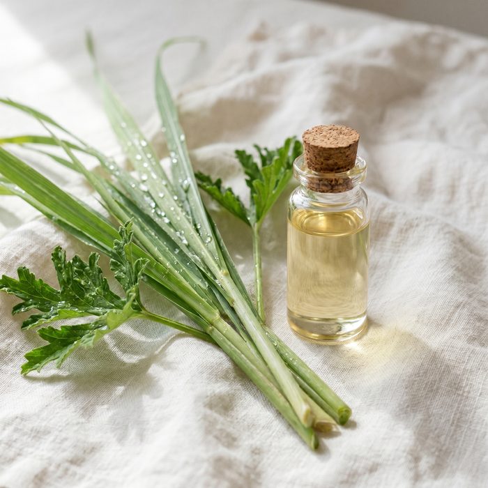 Citronella grass and essential oil vial