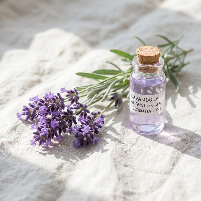 Lavender sprigs and essential oil vial