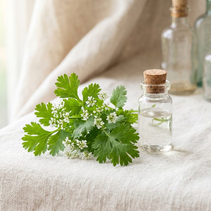 Linalool-rich blossoms and essential oil vial