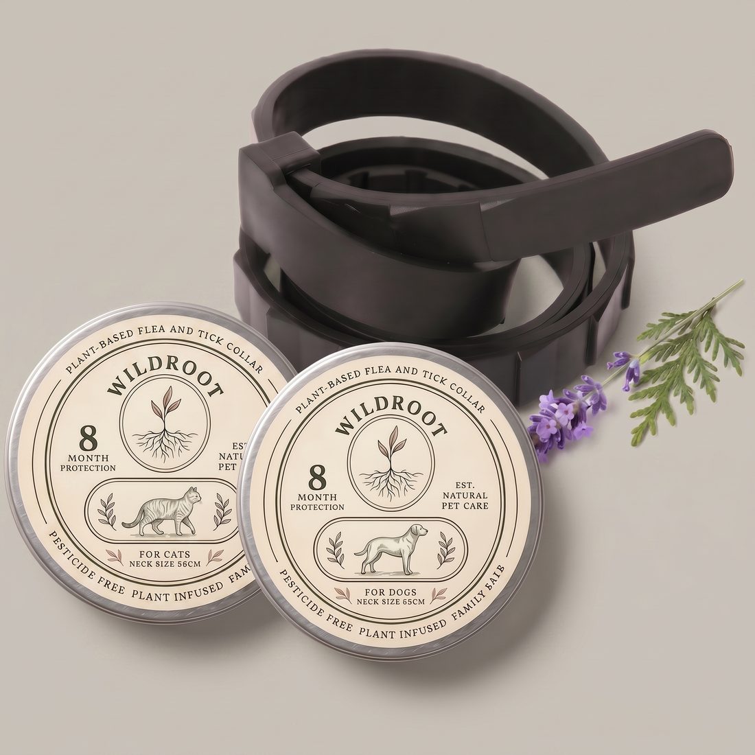 WildRoot collar and tin on a calm neutral background