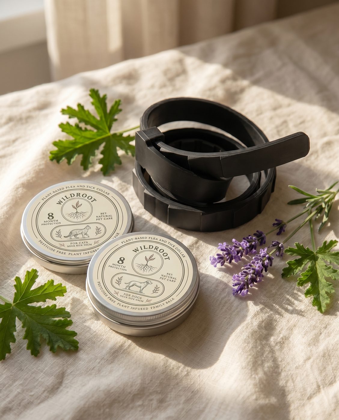 WildRoot botanical collar tins for cats and dogs beside the collar and a sprig of lavender