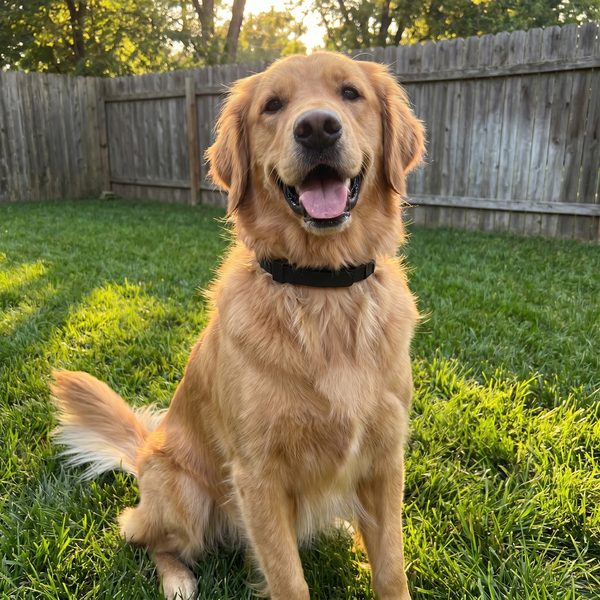 Customer photo: golden retriever wearing the Wildroot collar in a backyard