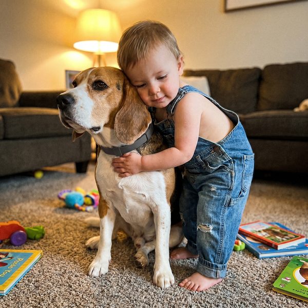 Customer photo: toddler hugging a beagle wearing the Wildroot collar